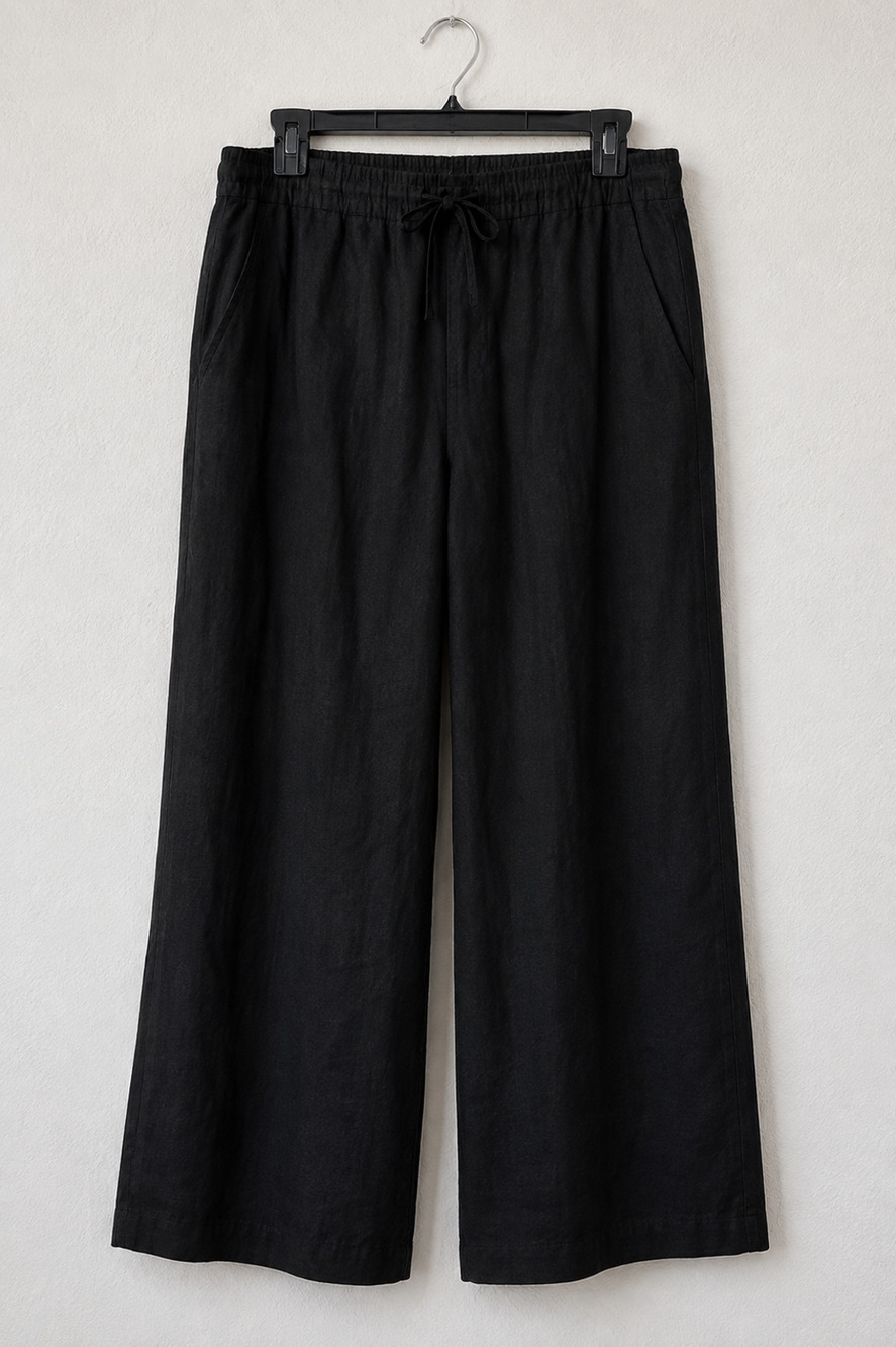 NWT Old Navy Womens Black Linen Blend Wide Leg Pants Pull On Drawstring